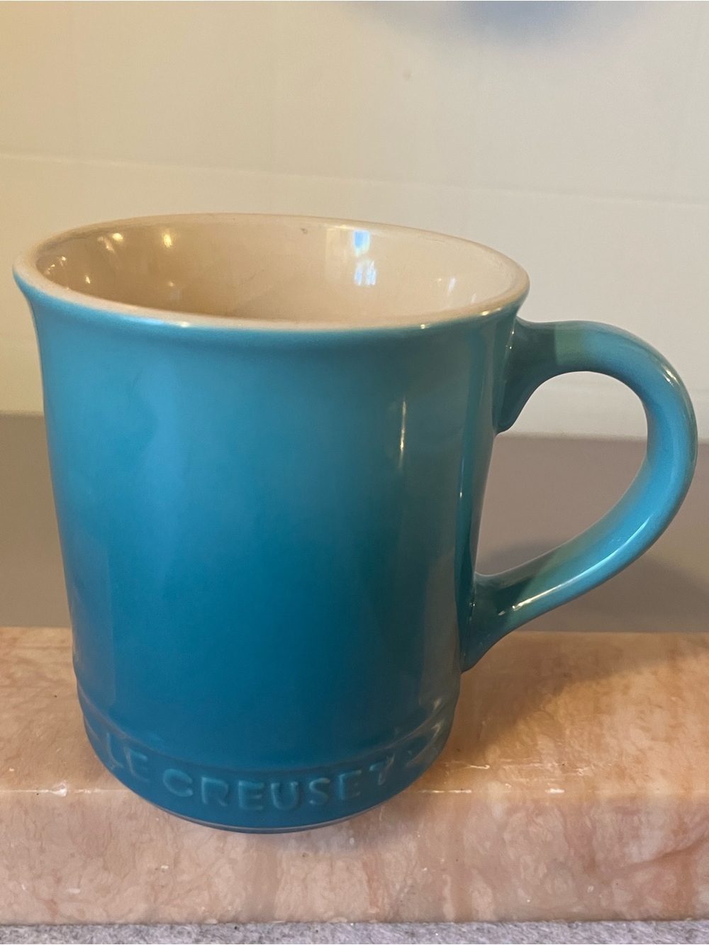 Le Creuset Stoneware Coffee Mug Tea Cup Ombre Teal Caribbean Blue Logo 12oz